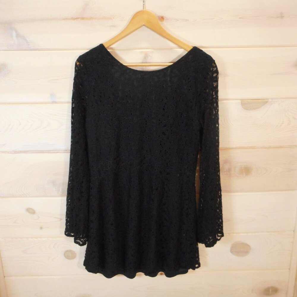 Umgee Women's L Lace Overlay Tunic Dress Black Long Bell Sleeves Short Party - Picture 3 of 10